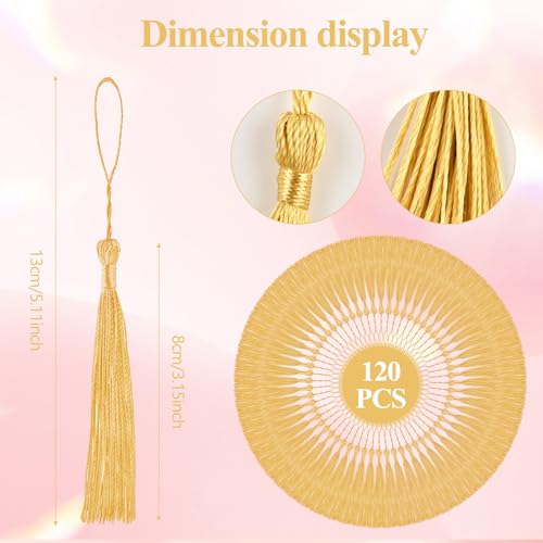 NACHLYNN 120 Pcs Bookmark Tassels Bulk 13cm/5 Inch Light Gold Silky Handmade Soft Craft Mini Tassels for Jewelry Keychain Making with Loops for Dress Decoration DIY Craft Accessory - color: Light Gold