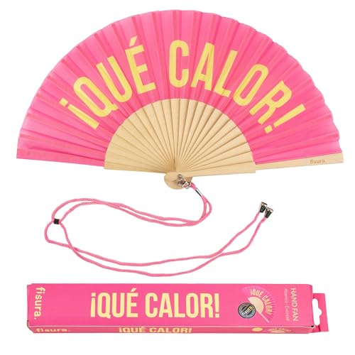 Fisura – Original Pink Folding Fan with Message qué calor, Wooden Handheld Fan for Women, Ideal for Rave, Party, Wedding, Birthday, Gift or Summer Decoration - color: Qué Calor, Pink