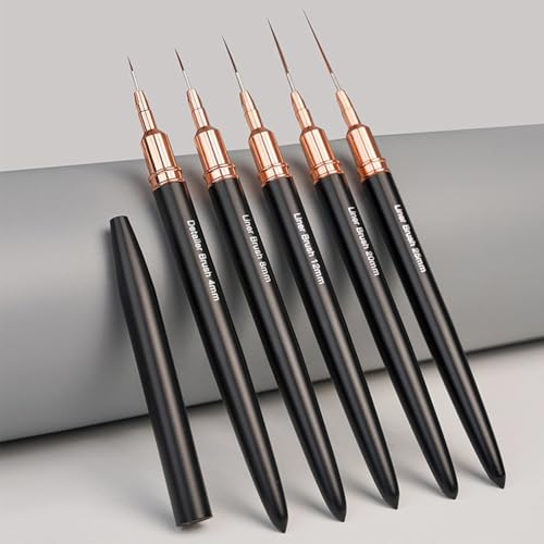 5Pcs Metallic Nail Art Liner Brush Set, UV Gel Polish Painting Tools for Long Lines, Thin Details, Fine Drawing, Sizes 4/8/12/20/25mm (Black) - color: Black
