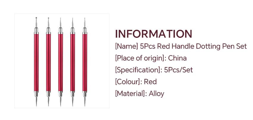 5Pcs Nail Art Dotting Tool Set Double-Ended Dotting Stylus Pens - color: Red