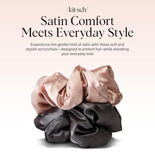 Kitsch Pillow Satin Scrunchies for Women -Blush/Charcoal, 2pcs - color: Blush/Charcoal