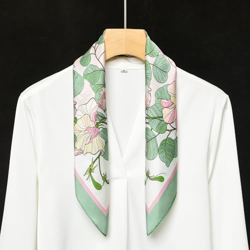 100% Mulberry Silk Scarf - 21" Square Lightweight Neckerchief, Gift Packed - color: Green-flowers