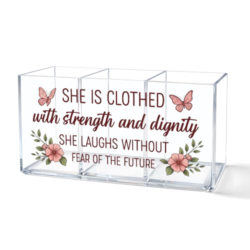 She Is Clothed with Strength Acrylic Pen Holder 3 Compartments - color: Transparent056