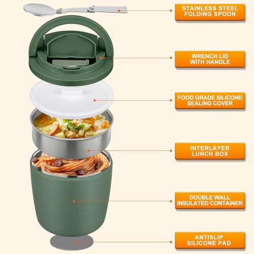 MAXSO Lunch Container 40 oz for Adults Stainless Steel Vacuum Insulated Food Jar, Soup Thermo for Hot Food Thermal Bento Box, Wide Mouth Leakproof Buckle Lid with Spoon - Green - color: Green