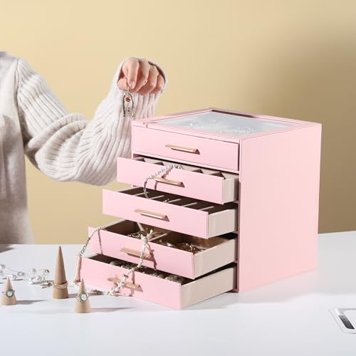 Frebeauty Jewelry Box for Women,Clear Lid Jewelry Organizer with 5 Drawers - color: Pink, size: 5 Drawer