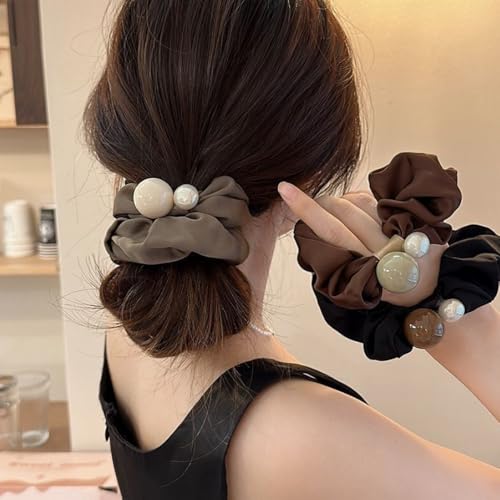 3PCS Fashionable Elegant Korean Scrunchies,Pearl Bead Hair Scrunchie,Satin Fabric Hair Accessories,Sparkly Ponytail Holder Handmade