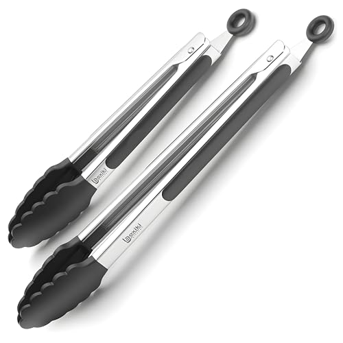 Kitchen Tongs for Cooking with Silicone Tips by Boxiki Kitchen, BPA Free Stainless Steel set of 2 Silicone Tongs for Cooking, Grilling & Toss a Salad, Heat Resistant Grill Tongs for Serving BBQ Food. - color: Black Silicon