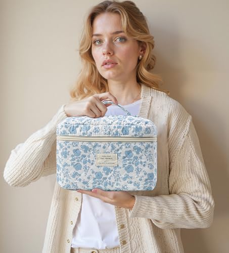 HBselect Quilted Makeup Bag, 3Pcs Cotton Large Travel Makeup Bags Organizer - color: A-3PCS-Floral 6