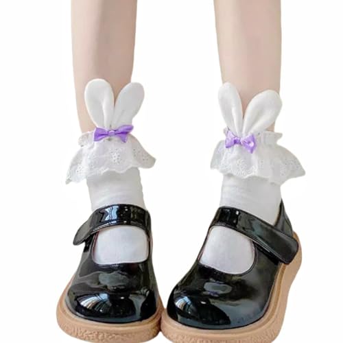 Cute Lolita Rabbit Bunny Ears Socks for Women & Teen Girls - Lace Bow Short Novelty Ankle Socks - color: Purple