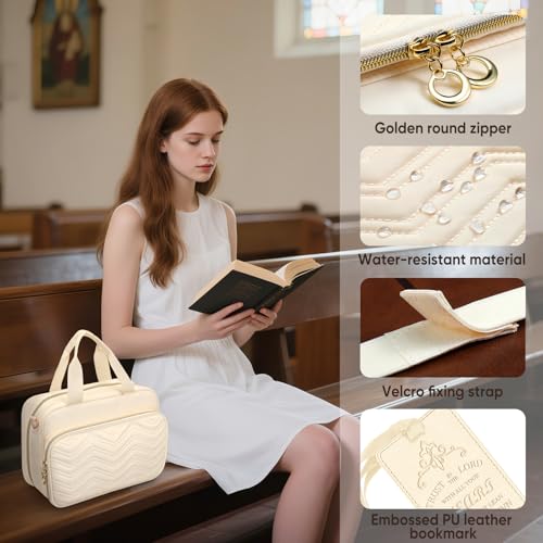 FINPAC Large Bible Cover Case for Women, Bible Bag Study Supplies Kit - color: Beige