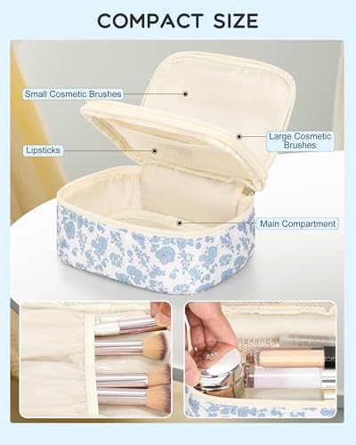 Relavel Travel Makeup Bag, Mini Floral Cosmetic Bag with 2 Layers - color: 01-Blue, size: Small