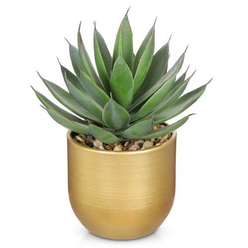 Briful Succulents Plants Artificial for Home Decor, Realistic Potted Fake Agave Plant, Gold Metal Pot, Cute Aloe Maguey Faux Plant, Shelf Tables Decor, Modern Farmhouse Home Kitchen Decorations - color: Aloe-gold Metal Vase