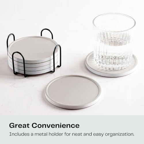 Set of 6 Warm Gray Coasters with Holder, Absorbent Ceramic Drink Coasters with Cork Backing for Table Protection, Table Decor, Housewarming Gifts - color: Warm Gray