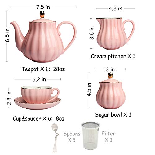 Sweejar Porcelain Tea Sets British Royal Series, 8 OZ Cups & Saucer Service for 6, with Teapot Sugar Bowl Cream Pitcher Teaspoons and Tea Strainer, Suitable for High Tea, Wedding, Party (Pink) - color: Pink