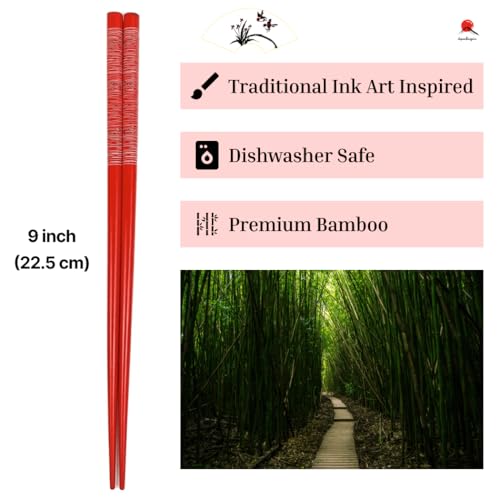 JapanBargain 5-Pair Bamboo Chopsticks Set, Dragonfly Japanese Design, Reusable Wooden Chop Sticks, 9 Inch, Dishwasher Safe, Eco-Friendly Utensils for Sushi Ramen Noodles Rice Bowls Asian Dining