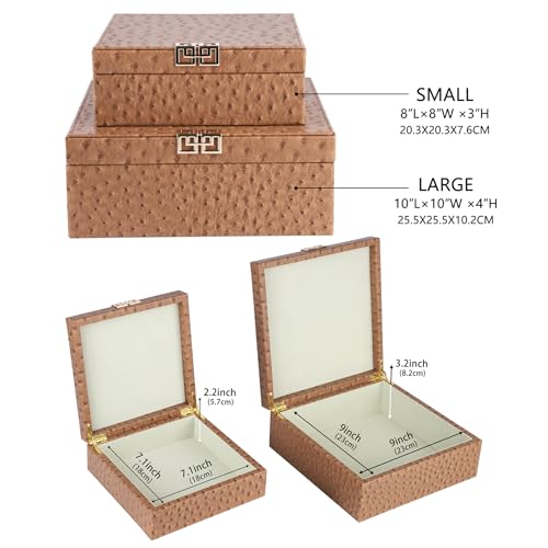 HofferRuffer Square Decorative Boxes, Set of 2 Nesting Storage Memory Keepsake Boxes with Lids, Stylish PU Leather Trinket Jewelry Organizer Box for Home Decor and Storage (Camel Ostrich) - color: Camel Ostrich