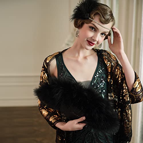 BABEYOND 1920s Marabou Feather Folding Hand Fan - color: Black-black Rib