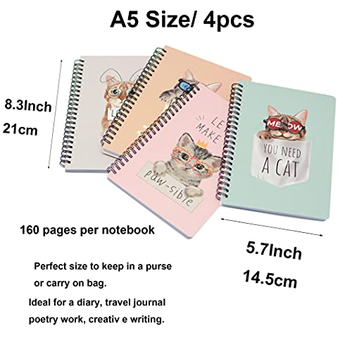 Yansanido Spiral Notebook, 4 Pcs A5 Thick Cat Design Hardcover 8mm Ruled 4 Color 80 Sheets -160 Pages Journals for Study and Notes (Cat) - style: Cat