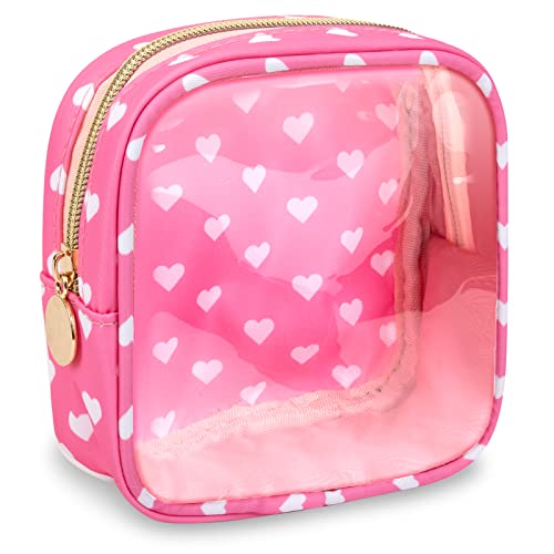Mini Clear Travel Makeup Organizer Bag for Purse, Samll Cute Preppy Pink Makeup Bag Cosmetic Zipper Pouch Purse, Transparent PVC & Nylon Waterproof Toiletry Storage Clutch for Women Girls(Pink Heart) - color: Pink Heart-Clear, size: Mini