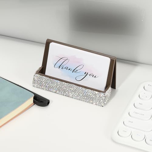 PATIKIL Business Card Holder for Desk, Rhinestone Business Card Holders Crystal Card Stand Organizer Cards Display for Office Exhibition, Brown - color: Brown
