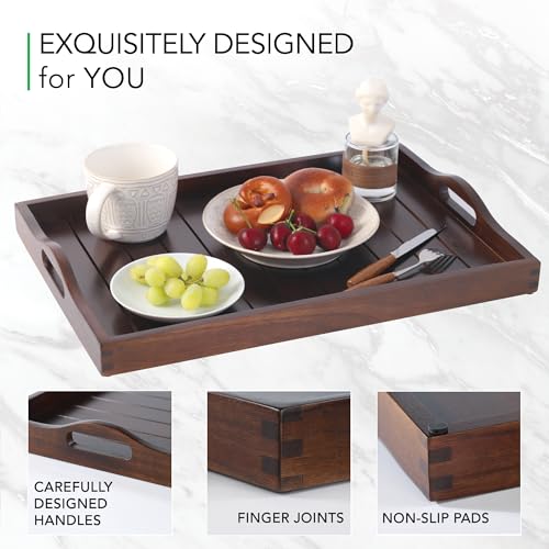 Large Acacia Wooden Serving Tray with Handles 20 x 14 inch Decorative Coffee Table Ottoman Tray for Living Room Extra Large for Kitchen Dinner Food Bar Breakfast in Bed (Dark Brown) - color: Dark Brown