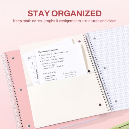 SUNEE Spiral Notebook, 1-Subject, Graph Ruled Paper, 8" x 10-1/2", 100 Sheets per Notebook, 3-Hole Punched Paper, Water Resistant Cover, Spiral Grid Notebooks for Work, Home, School, Writing, Pink - color: Pink