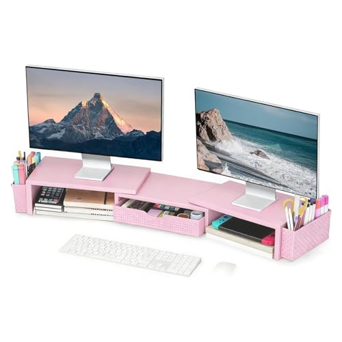 Spacrea Dual Monitor Stand Riser with Drawer and 2 Pen Holders - color: Pink