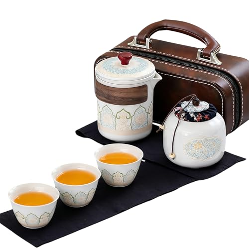 Porcelain Chinese Gongfu Tea Set,Portable Teapot Set Ceramic Travel Sets with Teapot and Infuser/Cups in Bag Asian Tea Sets Gift for Birthday/Father's day/Festivals,Outdoor Traveling,Office Business
