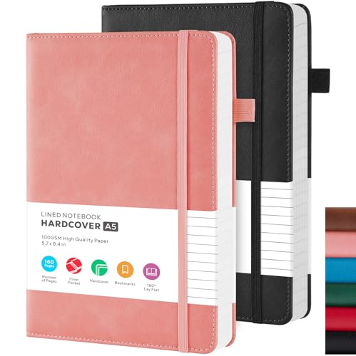 FOCUS DAY Lined Notebook Journals for Women/Men Work, 2 Pack Hardcover Leather Journal Note Book with 100GSM Thick Paper, Notebooks for Office School Supplies, A5 (5.7"x8.4"), Pink & Black - color: Black Pink, size: A5