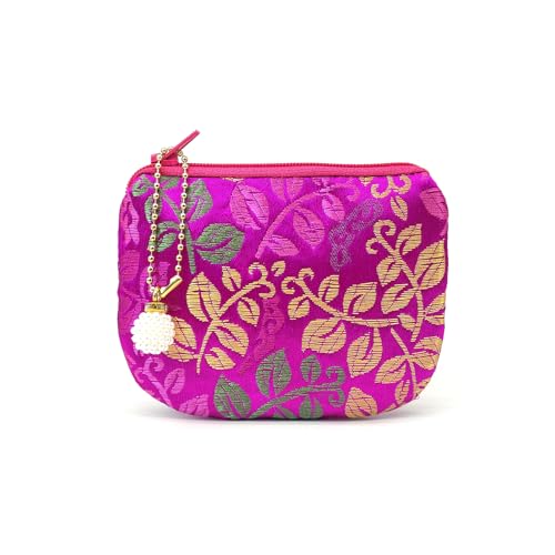 Handmade Women Coin Purse Brocade Zipper Wallet Rosary Pouch Silk Jewelry Bag - MagentaPro - color: MagentaPro