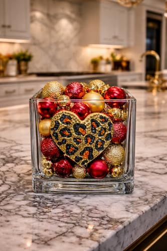 THE QUEENS' JEWELS Leopard Heart Jeweled 4x4 Candle Holder Vase - Unique Gift for Women, Birthday, Cute, Fun, Cocktail, Queen, Not Painted, Decorated, Bling, Bedazzled, Rhinestone - color: Leopard Heart