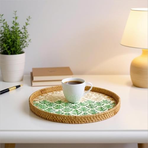 13.8" Round Mother of Pearl Inlay Rattan Forest Green Design Serving Tray - color: Forest Green