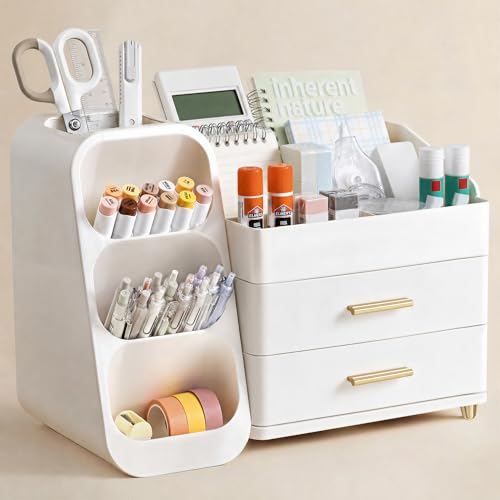 HBlife Desk Organizer with Pen Pencil Holder for Desk, Pen Organizer with 2 Drawers, Desk Organizers and Accessories with 4 Compartments, Desktop Storage for Office Home School Art Supplies, All White - color: All White