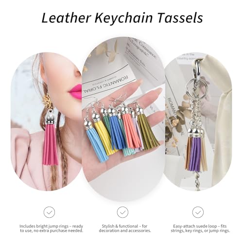 120 Pack Leather Keychain Tassels Charms Silver White Cap Multicolor Tassels for Jewelry Keychain Making Bracelets Craft Supplies (Multicolor, 55mm) - size: 55mm