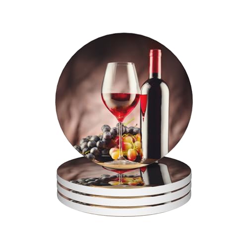 Drinks Coasters Set of 4, Wine Glass Round 4" Cup Coasters, Absorbent Ceramic Stone Coasters with Cork Base, Cute Coasters for Table Home Décor, Ideal Gifts for Women Men - color: Wine Glass