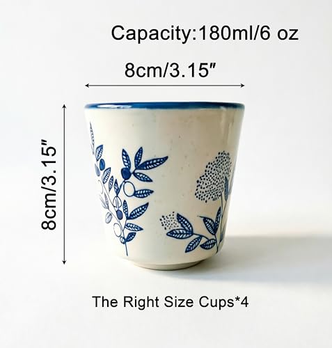 6 oz Japanese Tea Cups, Matcha Cups Ceramic, Handless Espresso Cups - color: Blue-Plants 2