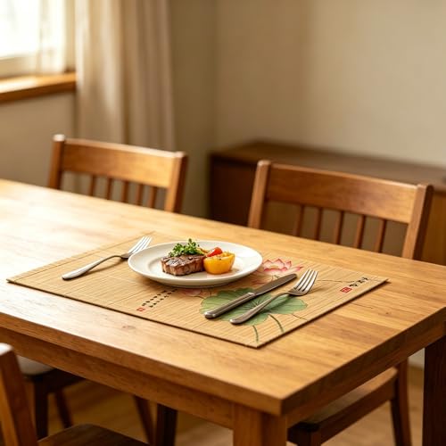 Bamboo Placemats Set of 4, Asian Style Table Mats Ancient Chinese Paintings Zen Floral Place Mats for Indoor Outdoor Kitchen Dining Table (Lotus, Set of 4) - color: Lotus