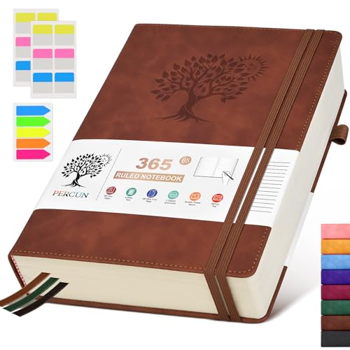 PERCUN B5 Lined Journal Notebook - 365 Page Large Leather Journals for Writing Women Men，Hardcover Notebook with 100Gsm Thick Pages，Daily Diary for Travel, Work，School，College Ruled (7.6" x 10.3") - color: Brown, size: B5