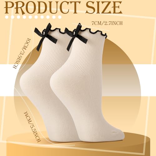 6 Pairs Womens Bow Socks, Ruffle Casual Crew Socks - color: White, Black, Off-white
