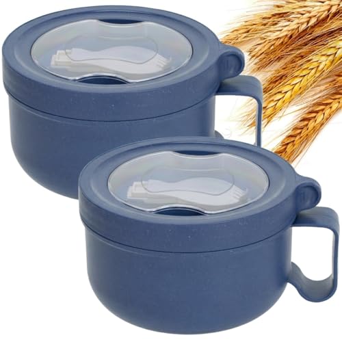 2 Pack Soup Bowl with Handles, Microwave Ramen Bowl with Lid for Soup and Instant Noodles,Oatmeal, Gumbo, Salad,BPA Free - color: Sapphire Blue，Sapphire Blue