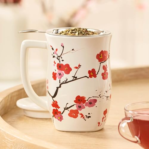 Tea Forte Ceramic Fiore Tea Cup with Infuser, Sakura, 14 oz - color: Sakura