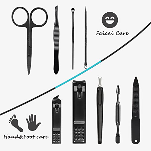 HANTEKAS Manicure Set 9 in 1 Stainless Steel, Nail Clippers Scissors Pedicure Tools Kit - Portable Travel Grooming Kit for Men and Women with Leather Case (Blue-BIG Nail Clipper) - color: Blue-big Nail Clipper