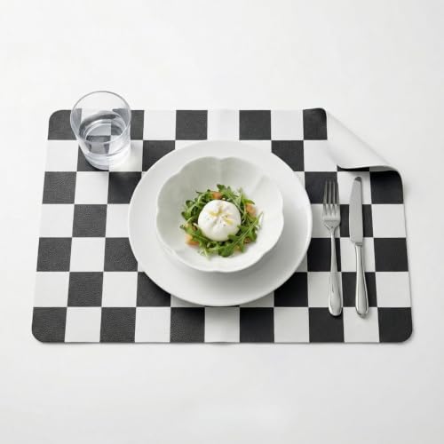 Set of 6 Checkerboard Non-Slip Washable Placemats for Dining Table - color: Black