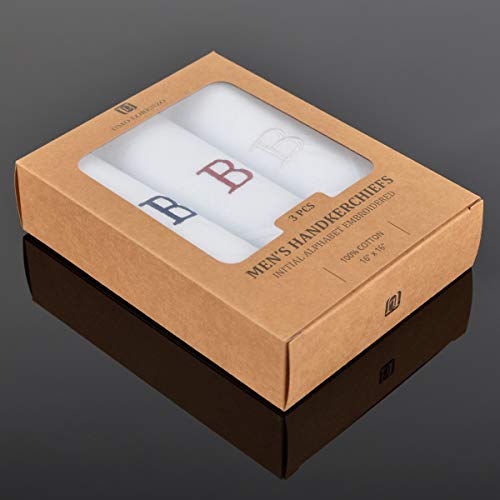 Initial Handkerchief for Men, Monogrammed Boxed 3 Piece Set,100% Cotton - color: B Initial
