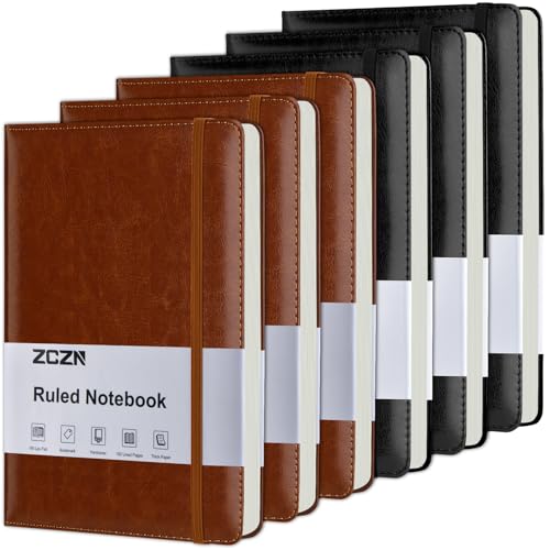 ZCZN 6 Pack Lined Journal Notebooks for Work, A5 Hardcover Leather Journals - color: Black+Brown