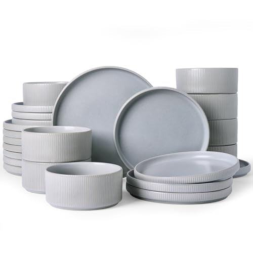 Famiware Star Stoneware Dinnerware Sets for 8, Reactive Glaze Plates, Bowls - color: Matte Gray