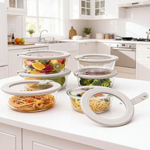 Glass Food Containers with Glass Lid, Microwave Safe Food Storage Container Set, 6 Pack, Large Size Airtight Storage Set with Leak Proof Lids, Meal Prep Containers - color: Grey-6RJ