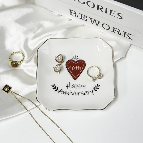 10 Year Wedding Anniv. Presents for Couples, 10th Aniversario Trinket Tray for Wife - Tin Anniversary Present for Her, Ceramic Jewelry Dish with Red Heart Design, Happy 10th Anniversary Ring Holder - style: 10th Anniversary