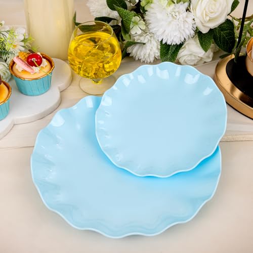 LIYH 24Pcs Light Blue Scalloped Plastic Plates Reusable For Party Events - color: Blue, size: 24(12 Guests)