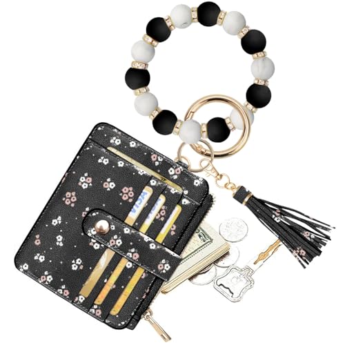 COOLANS Silicone Bracelet Wristlet Wallet Credit Card Holder RFID ID Window Key Ring Tassel Slim Wallet Women Keychain Purse - color: Black Stamp